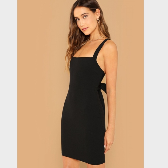 Open Crisscross Bow Back Mini Black Dress Bodycon - Picture 3 of 7